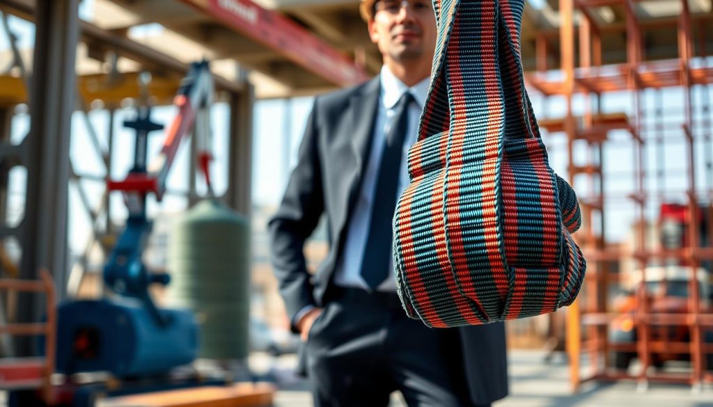 A detailed, photorealistic image of a webbing sling in use within a construction environment. In the foreground, a strong, colorful webbing sling is secured around a heavy load, demonstrating its application in lifting. The middle ground features a worker in professional business attire, showcasing the sling’s use in a safe and proper manner. In the background, blurred construction machinery and scaffolding create an industrial atmosphere. Natural lighting casts clear shadows, enhancing the colors and textures of the sling. The angle is slightly elevated, emphasizing the strength and reliability of the webbing sling while maintaining a focused look on the product's intricacies. The overall mood conveys professionalism and safety in industrial applications, illustrating the webbing sling's functionality effectively.