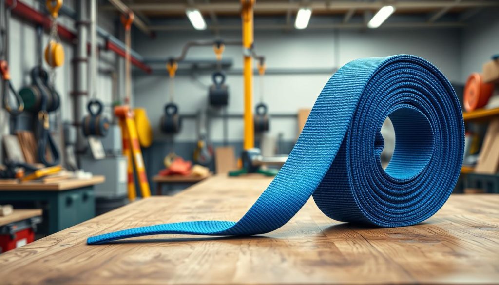 A detailed, photorealistic image of a webbing sling prominently displayed in a workshop setting. In the foreground, the vibrant, durable webbing sling, featuring a strong, textured nylon material with reinforced stitching, is draped elegantly over an industrial wooden table, showcasing its thickness and versatility. In the middle ground, various tools and equipment, like pulleys and hooks, hint at its applications in lifting and securing heavy loads. The background reveals a well-lit space with faint shadows, emphasizing a busy industrial environment. The overall mood is professional and industrious, with soft, diffuse lighting that highlights the colors of the sling, creating an engaging atmosphere for an article on industrial applications. No text or people are present.