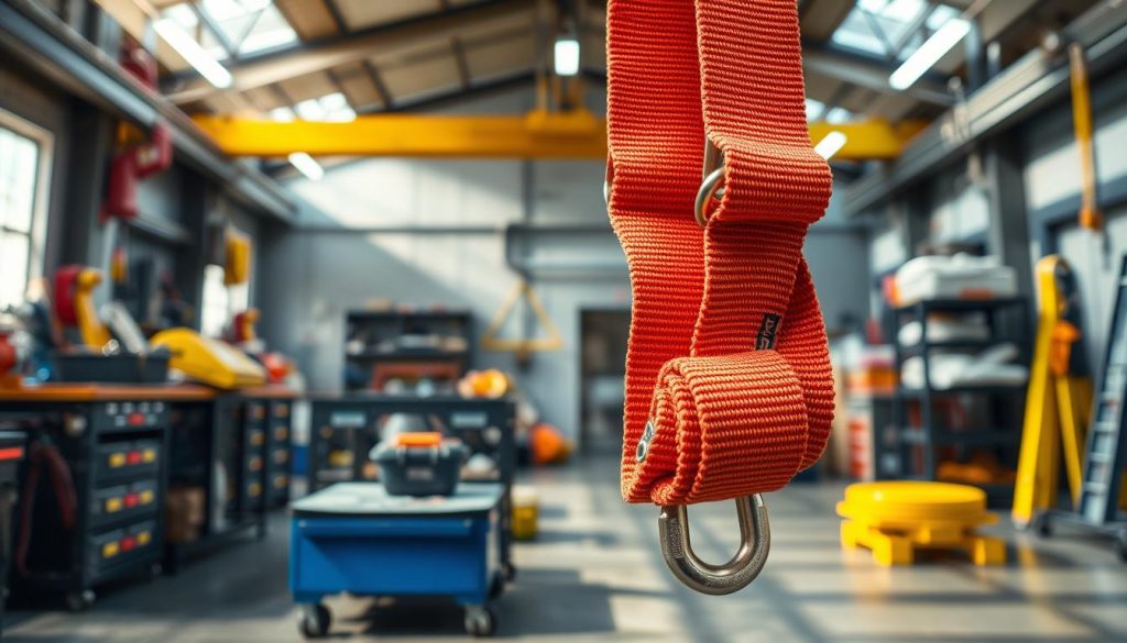 A detailed photorealistic image of a webbing sling prominently displayed in the foreground, showcasing its vibrant colors and textures, including sturdy stitching and metal hooks. The middle ground features a well-lit workshop environment, with tools and safety equipment in the background to convey a professional setting. The lighting is bright and natural, casting soft shadows that highlight the sling’s features. The camera angle is slightly low, emphasizing the sling's strength and functionality. The atmosphere conveys a sense of safety and professionalism, ideal for an industrial context, without any human figures or distractions. The image is clear and high definition, illustrating the webbing sling's importance in safety and lifting equipment.