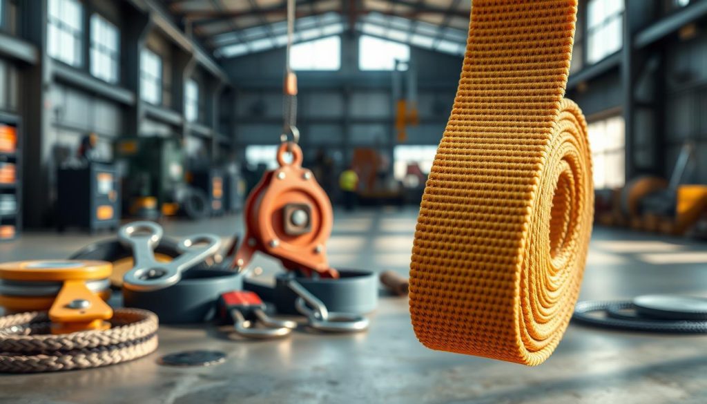 A detailed, photorealistic image of a webbing sling showcased prominently in the foreground. The sling should be vibrant, displaying its texture and material, with highlighted specifications like capacity, width, and length clearly visible in a close-up view. In the middle ground, include tools and equipment related to the use of webbing slings, such as pulleys and hooks, subtly arranged to suggest an industrial setting. The background should feature a soft-focus view of a warehouse or workshop environment that suggests a professional atmosphere, illuminated by natural lighting streaming through windows, casting gentle shadows that enhance the scene. Aim for a crisp, high-definition quality to showcase the details effectively, evoking a sense of reliability and professionalism. No text or watermarks should be present.