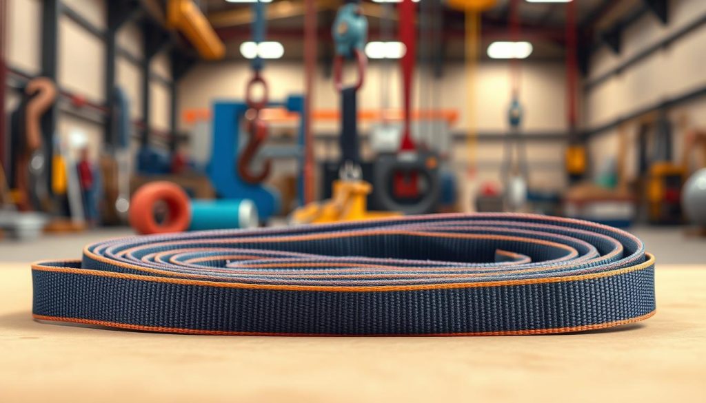 A detailed photorealistic image of a webbing sling showcased prominently in the foreground, with a rich texture that highlights its durable fabric and vibrant colors typical of industrial-grade slings. The sling is lying flat on a solid, neutral background to emphasize its design. In the middle layer, include a subtle hint of various lifting equipment, such as hooks and pulleys, blurred slightly to draw focus back to the sling. The background should depict a well-lit industrial setting, with warm, even lighting that enhances the strength and safety of the equipment. Use a moderate angle to capture the thickness of the sling and ensure a realistic scale. The overall atmosphere should convey professionalism and reliability, suitable for educational purposes on lifting and securing goods safely. A detailed photorealistic image of a webbing sling showcased prominently in the foreground, with a rich texture that highlights its durable fabric and vibrant colors typical of industrial-grade slings. The sling is lying flat on a solid, neutral background to emphasize its design. In the middle layer, include a subtle hint of various lifting equipment, such as hooks and pulleys, blurred slightly to draw focus back to the sling. The background should depict a well-lit industrial setting, with warm, even lighting that enhances the strength and safety of the equipment. Use a moderate angle to capture the thickness of the sling and ensure a realistic scale. The overall atmosphere should convey professionalism and reliability, suitable for educational purposes on lifting and securing goods safely.