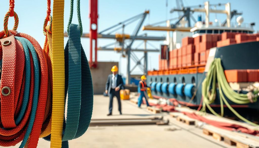 A detailed, photorealistic image of industrial webbing slings in various applications. In the foreground, vibrant webbing slings of different colors and sizes are coiled and hanging, showing their texture and material. The middle ground features a construction site scene with workers in professional business attire, efficiently using the slings for lifting heavy materials. In the background, a vessel at a shipping dock demonstrates the slings used for securing cargo. Natural daylight illuminates the scene, casting soft shadows that enhance the detailed textures of the slings and equipment. The overall mood conveys safety and precision in industrial operations, emphasizing the versatility of webbing slings in construction, maritime, manufacturing, and logistics activities. High definition and clear focus throughout the image. A detailed, photorealistic image of industrial webbing slings in various applications. In the foreground, vibrant webbing slings of different colors and sizes are coiled and hanging, showing their texture and material. The middle ground features a construction site scene with workers in professional business attire, efficiently using the slings for lifting heavy materials. In the background, a vessel at a shipping dock demonstrates the slings used for securing cargo. Natural daylight illuminates the scene, casting soft shadows that enhance the detailed textures of the slings and equipment. The overall mood conveys safety and precision in industrial operations, emphasizing the versatility of webbing slings in construction, maritime, manufacturing, and logistics activities. High definition and clear focus throughout the image.