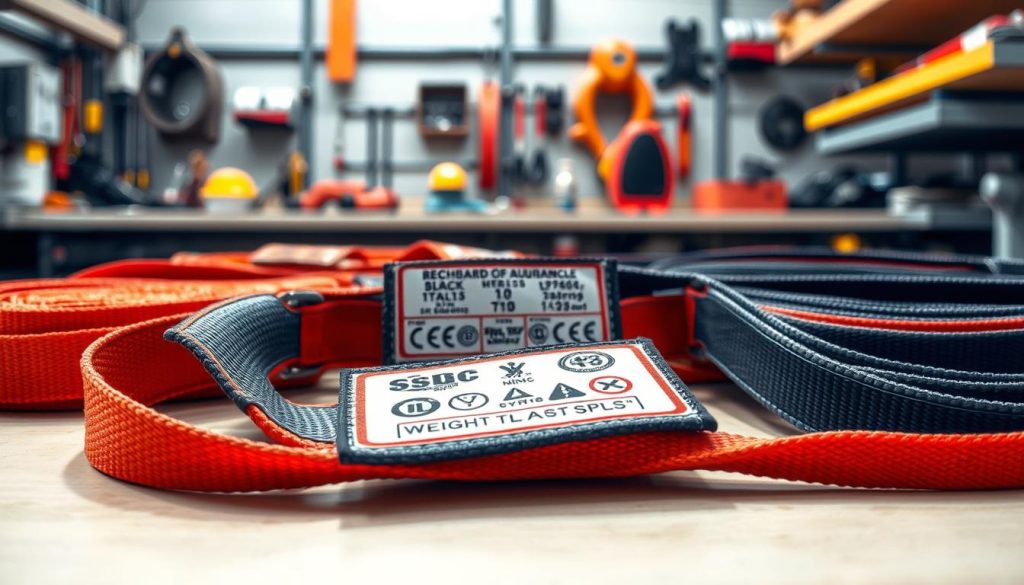 A detailed, photorealistic image showcasing a webbing sling laid out on a clean, industrial workbench. The foreground features a close-up of the sling material, highlighting its vibrant colors, stitching details, and texture, emphasizing its durability. In the middle, include a variety of specifications such as weight capacity labels and safety standards marked clearly on the sling. The background should subtly display tools and safety equipment, creating a work environment atmosphere. Use soft, natural lighting to enhance the clarity of the materials and specifications, capturing the professionalism and quality assurance of the product. The angle should be slightly tilted, providing depth to the composition while avoiding any distractions or overlays. A detailed, photorealistic image showcasing a webbing sling laid out on a clean, industrial workbench. The foreground features a close-up of the sling material, highlighting its vibrant colors, stitching details, and texture, emphasizing its durability. In the middle, include a variety of specifications such as weight capacity labels and safety standards marked clearly on the sling. The background should subtly display tools and safety equipment, creating a work environment atmosphere. Use soft, natural lighting to enhance the clarity of the materials and specifications, capturing the professionalism and quality assurance of the product. The angle should be slightly tilted, providing depth to the composition while avoiding any distractions or overlays.