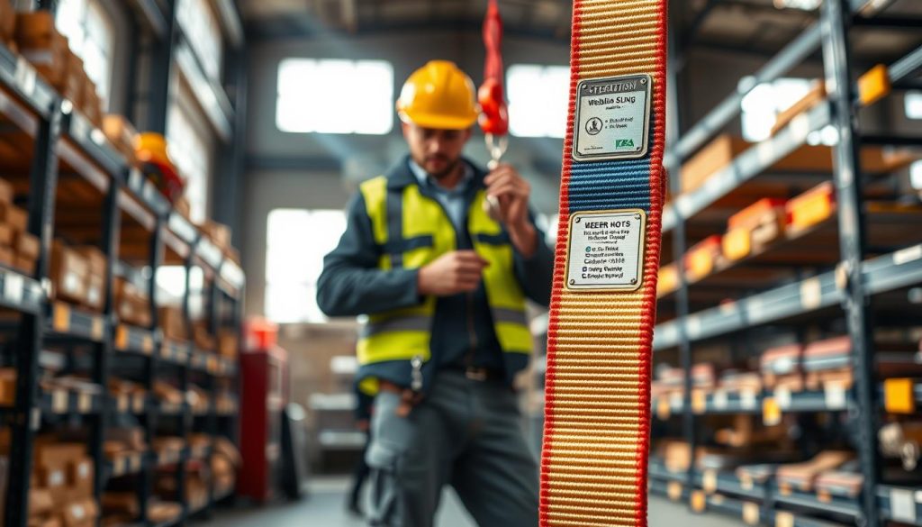 A detailed photorealistic image showcasing a webbing sling used for safety during heavy lifting. In the foreground, a vibrant, sturdy webbing sling made of tough nylon material, with identifying tags indicating its capacity and safety standards clearly visible. The middle ground features a professional worker dressed in appropriate safety gear, inspecting the sling, emphasizing its quality and compliance. The background depicts a well-lit warehouse environment with beams of natural light filtering through windows, casting shadows that highlight the safety equipment arranged neatly on racks. The atmosphere is one of caution and professionalism, underlining the importance of using reliable safety gear in industrial settings.
