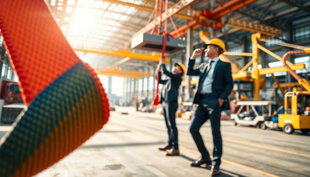 A detailed, photorealistic image showcasing the application of webbing slings in various industries in Sukabumi. In the foreground, illustrate a webbing sling prominently displayed, emphasizing its vibrant colors and texture. The middle ground features professionals in smart business attire, expertly using the sling for lifting heavy equipment in a construction or manufacturing setting, demonstrating teamwork and precision. In the background, depict a bustling industrial environment with cranes and machinery, bathed in bright, natural daylight to create a dynamic atmosphere. Use a slightly low angle to emphasize the scale of the machinery and the professionalism of the workers, capturing the essence of operational efficiency and safety in industrial applications.