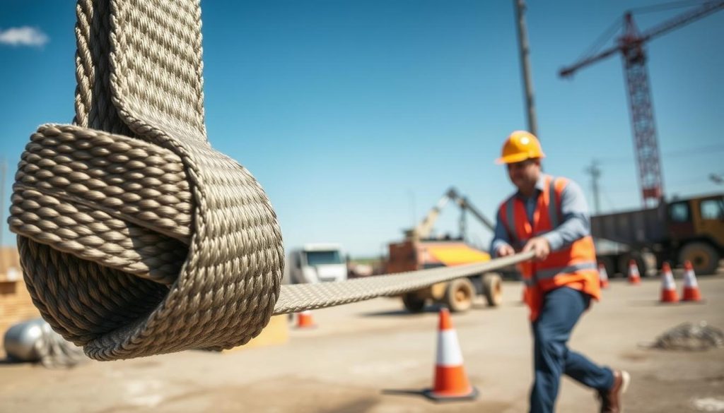 A detailed, photorealistic image showcasing the proper usage of a webbing sling in a workplace setting. In the foreground, a close-up of a webbing sling being securely attached to a heavy load, emphasizing the texture and strength of the material. In the middle ground, a worker wearing a hard hat and professional work attire is carefully guiding the load, demonstrating safe handling techniques. The background depicts a construction site with machinery and safety cones, under a clear blue sky. The lighting is bright and natural, casting soft shadows, while the angle is slightly elevated to capture both the sling and the surrounding environment. The overall mood conveys safety and professionalism in an industrial context. A detailed, photorealistic image showcasing the proper usage of a webbing sling in a workplace setting. In the foreground, a close-up of a webbing sling being securely attached to a heavy load, emphasizing the texture and strength of the material. In the middle ground, a worker wearing a hard hat and professional work attire is carefully guiding the load, demonstrating safe handling techniques. The background depicts a construction site with machinery and safety cones, under a clear blue sky. The lighting is bright and natural, casting soft shadows, while the angle is slightly elevated to capture both the sling and the surrounding environment. The overall mood conveys safety and professionalism in an industrial context.