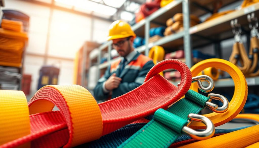 A detailed, photorealistic image showcasing various high-quality webbing slings designed for safety. In the foreground, highlight close-ups of brightly colored webbing slings made of durable materials, with clear stitching and secure end fittings. The middle ground features a professional inspecting the slings, wearing a safety helmet and business attire, demonstrating a focus on quality and safety standards. In the background, include a well-organized storage area with additional slings prominently displayed, under bright, natural lighting that creates a clean, safe atmosphere. The angle should be slightly elevated to capture the scene's depth, emphasizing the importance of safety features in choosing webbing slings. The overall mood should convey professionalism and commitment to quality assurance in safety equipment. A detailed, photorealistic image showcasing various high-quality webbing slings designed for safety. In the foreground, highlight close-ups of brightly colored webbing slings made of durable materials, with clear stitching and secure end fittings. The middle ground features a professional inspecting the slings, wearing a safety helmet and business attire, demonstrating a focus on quality and safety standards. In the background, include a well-organized storage area with additional slings prominently displayed, under bright, natural lighting that creates a clean, safe atmosphere. The angle should be slightly elevated to capture the scene's depth, emphasizing the importance of safety features in choosing webbing slings. The overall mood should convey professionalism and commitment to quality assurance in safety equipment.