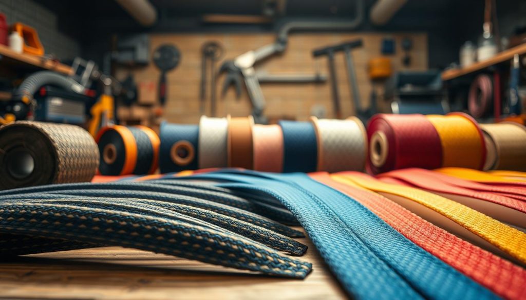 A detailed, photorealistic representation of various webbing materials used in slings, showcasing polyester, nylon, polypropylene, and Kevlar. In the foreground, display a close-up view of tightly woven webbing, highlighting its texture and colors, with samples lying neatly on a wooden table. In the middle ground, arrange spools of diverse webbing materials artfully, with a slightly blurred effect to indicate depth. In the background, incorporate a subtle, industrial setting featuring tools related to slings, dimly lit with warm, natural light filtering through, creating an inviting yet professional atmosphere. Capture the scene from a slightly elevated angle, focusing on the quality and craftsmanship of the webbing, evoking a sense of reliability and durability.