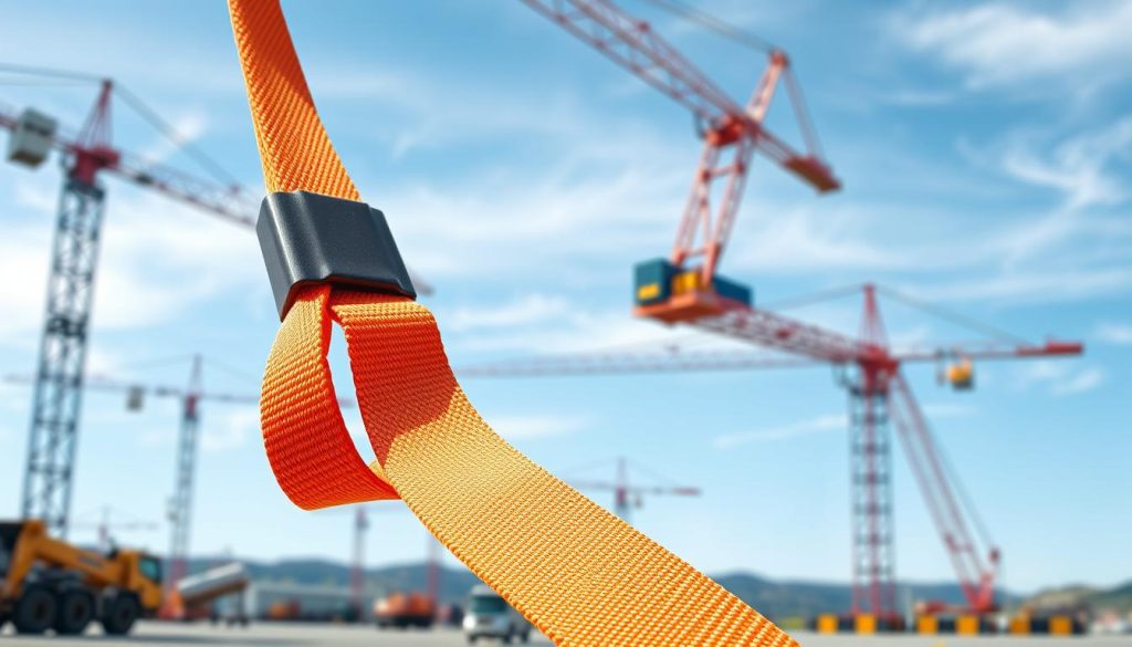 A high-definition, photorealistic image depicting a webbing sling prominently displayed in the foreground. The sling is a vibrant safety orange with reinforced stitching, showcasing its strength and durability. In the middle ground, include a construction site setting with cranes and hauling equipment, emphasizing its use in industrial and logistical contexts. The background features a clear blue sky and distant hills, creating a sense of openness and safety. Soft natural lighting highlights the texture of the sling, casting gentle shadows for depth. The overall mood is professional and focused, conveying reliability in heavy lifting applications. No text or watermarks should be present in the image.