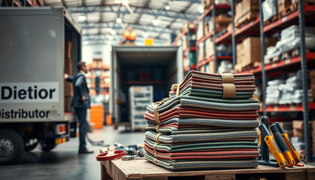 A high-definition photorealistic image depicting the process of webbing sling delivery. In the foreground, focus on a person dressed in professional business attire carefully placing webbing slings into a delivery truck labeled "Distributor." In the middle ground, showcase a stack of neatly packaged webbing slings, showcasing their colors and textures, surrounded by tools and equipment typically used in the distribution process. The background should feature a bustling warehouse environment, with shelves filled with various industrial supplies. Soft, natural lighting should illuminate the scene, enhancing the sense of professionalism and efficiency. The angle should provide a dynamic perspective, capturing both the individual and the products, creating an atmosphere of diligence and reliability in logistics.