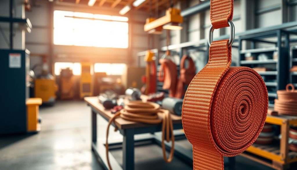 A high-definition, photorealistic image of a durable webbing sling, prominently displayed in a professional setting. In the foreground, the sling is showcased with clear detail, highlighting its vibrant colors, strong material, and secure stitching. In the middle ground, a well-organized workbench is visible, with various lifting equipment and ropes strategically placed, emphasizing the utility of the sling in load lifting. The background features a well-lit industrial environment, with soft natural light filtering through a nearby window, creating a warm and safe atmosphere. The overall mood conveys professionalism and safety in heavy lifting operations, perfect for illustrating secure load handling. A high-definition, photorealistic image of a durable webbing sling, prominently displayed in a professional setting. In the foreground, the sling is showcased with clear detail, highlighting its vibrant colors, strong material, and secure stitching. In the middle ground, a well-organized workbench is visible, with various lifting equipment and ropes strategically placed, emphasizing the utility of the sling in load lifting. The background features a well-lit industrial environment, with soft natural light filtering through a nearby window, creating a warm and safe atmosphere. The overall mood conveys professionalism and safety in heavy lifting operations, perfect for illustrating secure load handling.