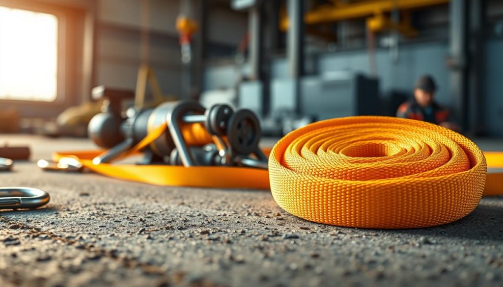 A high-definition, photorealistic image of a vibrant webbing sling prominently displayed in the foreground, showcasing its durable texture and vivid colors, such as bright orange or yellow. The sling is coiled neatly on a textured surface, emphasizing its strength and flexibility. In the middle ground, tools of the trade are visible, like a sturdy winch and carabiners, subtly blurred to keep the focus on the webbing sling. In the background, an industrial setting with a hint of soft, natural lighting filtering through a large window creates a warm, safe atmosphere. The angle captures the webbing sling from a slightly elevated perspective, inviting visual inspection of its quality and features, ideal for a section discussing its advantages in safe work practices. The overall mood is professional and focused.