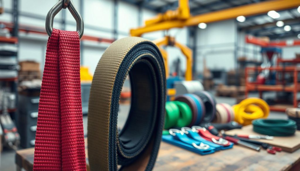A high-definition, photorealistic image of a webbing sling displayed prominently in the foreground, showcasing its texture and vibrant colors. The sling should be draped over a robust, industrial hook to emphasize its strength and utility. In the middle ground, include a variety of webbing slings in different sizes and colors, neatly arranged on a wooden table to indicate options available for purchase. In the background, softly blurred industrial equipment and tools suggest a warehouse or lifting environment, enhancing the context of heavy lifting and safe transportation. The lighting should be bright and even, highlighting the materials of the slings while creating a professional atmosphere. The overall mood conveys reliability and safety, ideal for illustrating a discussion on pricing and selection.