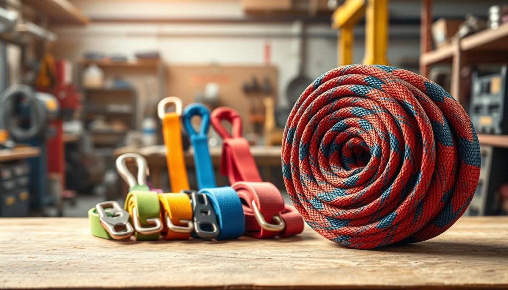 A high-definition, photorealistic image of a webbing sling displayed prominently in the foreground, showcasing its strong, durable texture and vibrant colors. The sling should be coiled neatly on a solid, textured workbench. In the middle ground, a set of various webbing slings in different sizes and colors is arranged artistically, highlighting their versatility for various lifting loads. The background should feature a softly blurred workshop setting with tools and machinery, suggesting an industrial atmosphere. The lighting is bright and focused, casting soft shadows that enhance the details of the slings. Overall, the mood should be professional and technical, conveying reliability and strength in lifting equipment.