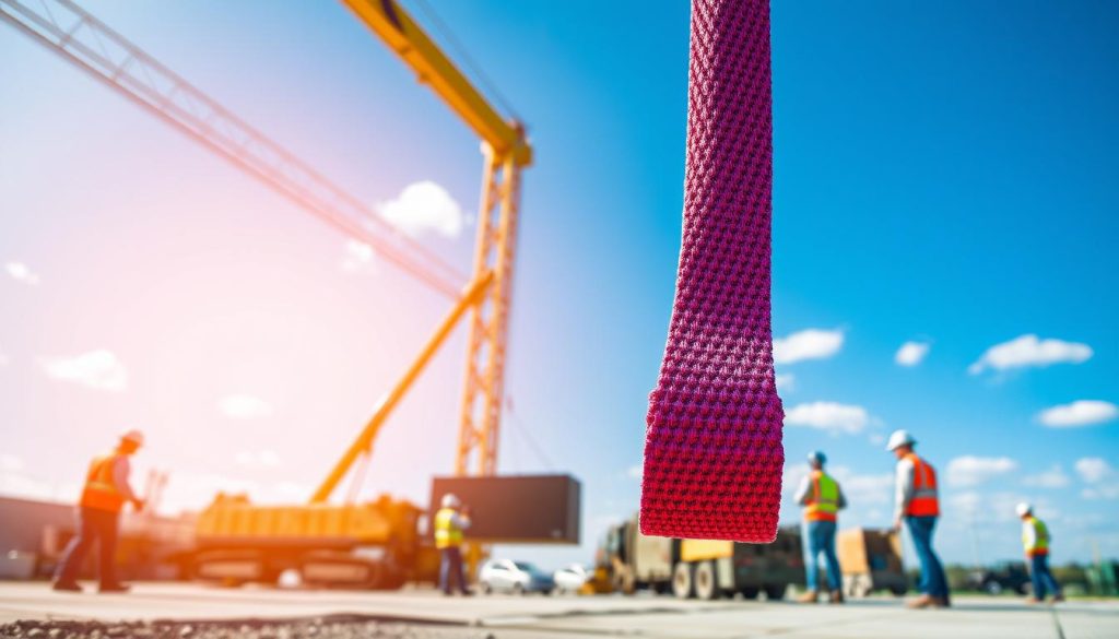 A high-definition, photorealistic image of a webbing sling in use for lifting applications. In the foreground, the vibrant webbing sling is prominently displayed, showcasing its intricate weave and robust design, ready to lift a heavy object. The middle ground features a partially visible construction site with machinery and workers in professional safety attire, collaborating effectively as they prepare for a lifting operation. The background reveals a clear blue sky with minimal clouds, enhancing the outdoor atmosphere. The lighting is natural and bright, casting soft shadows on the sling and equipment, conveying a mood of industriousness and safety. The composition is captured at a slightly elevated angle, providing a dynamic perspective on the sling's function in lifting, lowering, and pulling heavy loads. A high-definition, photorealistic image of a webbing sling in use for lifting applications. In the foreground, the vibrant webbing sling is prominently displayed, showcasing its intricate weave and robust design, ready to lift a heavy object. The middle ground features a partially visible construction site with machinery and workers in professional safety attire, collaborating effectively as they prepare for a lifting operation. The background reveals a clear blue sky with minimal clouds, enhancing the outdoor atmosphere. The lighting is natural and bright, casting soft shadows on the sling and equipment, conveying a mood of industriousness and safety. The composition is captured at a slightly elevated angle, providing a dynamic perspective on the sling's function in lifting, lowering, and pulling heavy loads.