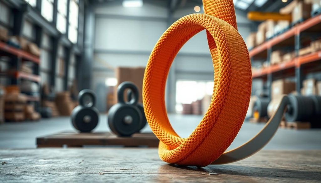 A high-definition, photorealistic image of a webbing sling made of polyester, prominently displayed in the foreground. The sling, showcasing its bright color and rugged texture, is looped neatly and partially tensioned, demonstrating its strength. In the middle ground, a set of industrial weights or heavy objects can be seen, illustrating the sling in practical use. The background features a well-lit warehouse environment with soft, natural lighting filtering through windows, creating a professional atmosphere. The mood conveys reliability and safety, highlighting the durability of the polyester material. Capture the scene from a slightly elevated angle, focusing on the interplay of light and shadows on the textured surfaces, enhancing the visual impact.