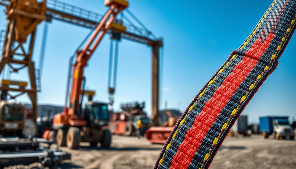 A high-definition, photorealistic image of a webbing sling, prominently displayed in the foreground with a close-up view to highlight its intricate woven texture and bright color patterns. The middle ground features a rugged industrial environment, showcasing heavy machinery and equipment to indicate the sling's use for lifting heavy loads safely. The background captures a clear blue sky to evoke a sense of reliability and strength. The lighting is bright and natural, with soft shadows to enhance the details of the webbing sling, creating a professional and efficient atmosphere. The overall mood is focused on safety and durability, ideal for illustrating the capabilities of webbing slings in industrial applications. A high-definition, photorealistic image of a webbing sling, prominently displayed in the foreground with a close-up view to highlight its intricate woven texture and bright color patterns. The middle ground features a rugged industrial environment, showcasing heavy machinery and equipment to indicate the sling's use for lifting heavy loads safely. The background captures a clear blue sky to evoke a sense of reliability and strength. The lighting is bright and natural, with soft shadows to enhance the details of the webbing sling, creating a professional and efficient atmosphere. The overall mood is focused on safety and durability, ideal for illustrating the capabilities of webbing slings in industrial applications.