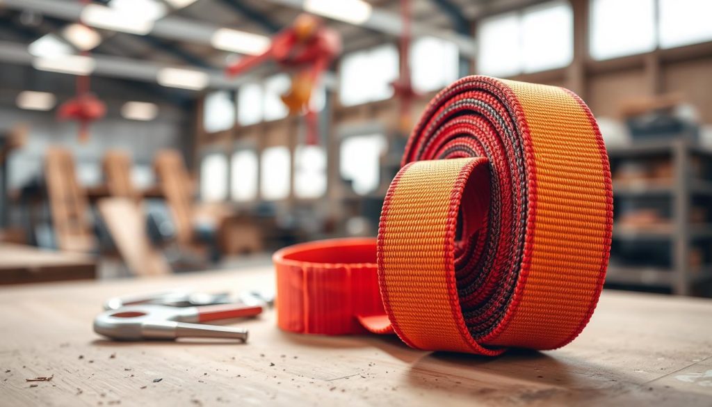 A high-definition, photorealistic image of a webbing sling prominently displayed in the foreground, showcasing its robust structure and vibrant colors. The sling should be depicted in a practical setting, such as resting on a workbench with tools lightly scattered around, emphasizing its utilitarian use. In the middle ground, include a subtle blurred view of a construction or industrial environment, suggesting its application in lifting and securing heavy loads. The background should feature soft, diffused natural lighting to create an inviting atmosphere while highlighting the texture and quality of the webbing material. Capture the image from a slight angle, focusing on the sling's stitching and design details to convey its durability and functionality.