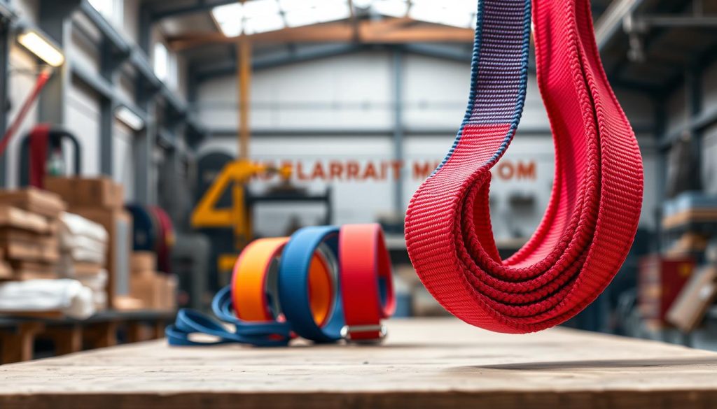 A high-definition, photorealistic image of a webbing sling prominently displayed in the foreground, showcasing its vibrant colors and sturdy texture. The sling should be arranged in a way that highlights its woven design, with clear details of the stitching and reinforced ends. In the middle ground, include a few variations of webbing slings in different sizes and colors, subtly emphasizing their versatility. The background should feature a well-lit workshop environment, with soft, diffused lighting casting gentle shadows, creating an atmosphere of professionalism and reliability. The angle should be slightly above eye level, capturing the products from a dynamic perspective, projecting a sense of quality and craftsmanship. The overall mood should be inviting and informative, perfect for illustrating the selection of webbing slings for potential buyers.