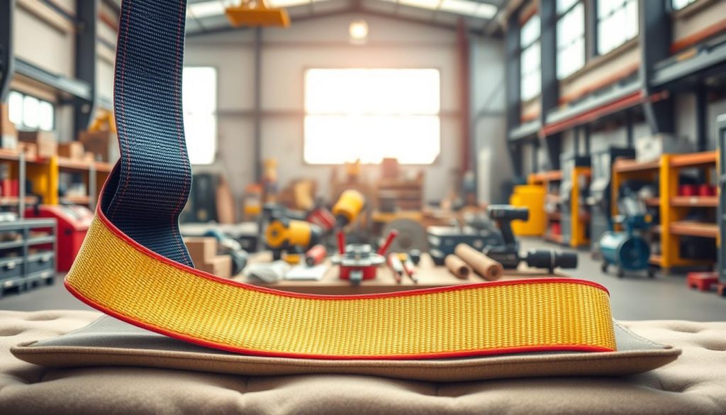A high-definition, photorealistic image of a webbing sling prominently displayed in the foreground, showcasing its strong, durable fabric with vibrant colors and intricate stitching details. The sling is positioned carefully over a cushioned surface, demonstrating its function to protect delicate items. In the middle ground, a variety of industrial products such as tools and equipment are neatly arranged, hinting at their preservation from scratches and damage thanks to the sling. The background features a soft-focus workshop environment, warmly lit with natural light filtering through large windows, creating a safe and professional atmosphere. The scene conveys a sense of reliability and strength, emphasizing the webbing sling's essential role in securing and protecting products for longevity. No text or watermarks in the image. A high-definition, photorealistic image of a webbing sling prominently displayed in the foreground, showcasing its strong, durable fabric with vibrant colors and intricate stitching details. The sling is positioned carefully over a cushioned surface, demonstrating its function to protect delicate items. In the middle ground, a variety of industrial products such as tools and equipment are neatly arranged, hinting at their preservation from scratches and damage thanks to the sling. The background features a soft-focus workshop environment, warmly lit with natural light filtering through large windows, creating a safe and professional atmosphere. The scene conveys a sense of reliability and strength, emphasizing the webbing sling's essential role in securing and protecting products for longevity. No text or watermarks in the image.