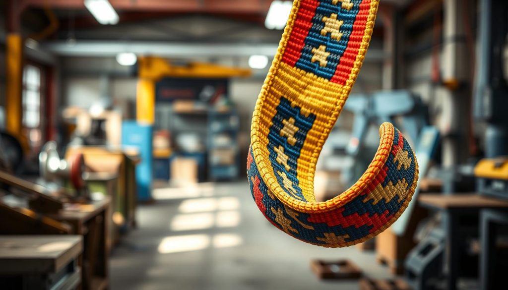 A high-definition, photorealistic image of a webbing sling prominently displayed in the foreground, showcasing its vibrant colors and intricate weave patterns. The background features a slightly blurred industrial setting, with tools and equipment that suggest a workshop environment. Soft, natural lighting illuminates the sling, highlighting its strength and durability against the contrasting textures of metal and fabric. The angle is slightly tilted to capture the webbing’s unique features, focusing on its anti-abrasive properties and strong grip. The overall mood conveys reliability and professionalism, essential for showcasing the advantages of this product in everyday applications. A high-definition, photorealistic image of a webbing sling prominently displayed in the foreground, showcasing its vibrant colors and intricate weave patterns. The background features a slightly blurred industrial setting, with tools and equipment that suggest a workshop environment. Soft, natural lighting illuminates the sling, highlighting its strength and durability against the contrasting textures of metal and fabric. The angle is slightly tilted to capture the webbing’s unique features, focusing on its anti-abrasive properties and strong grip. The overall mood conveys reliability and professionalism, essential for showcasing the advantages of this product in everyday applications.