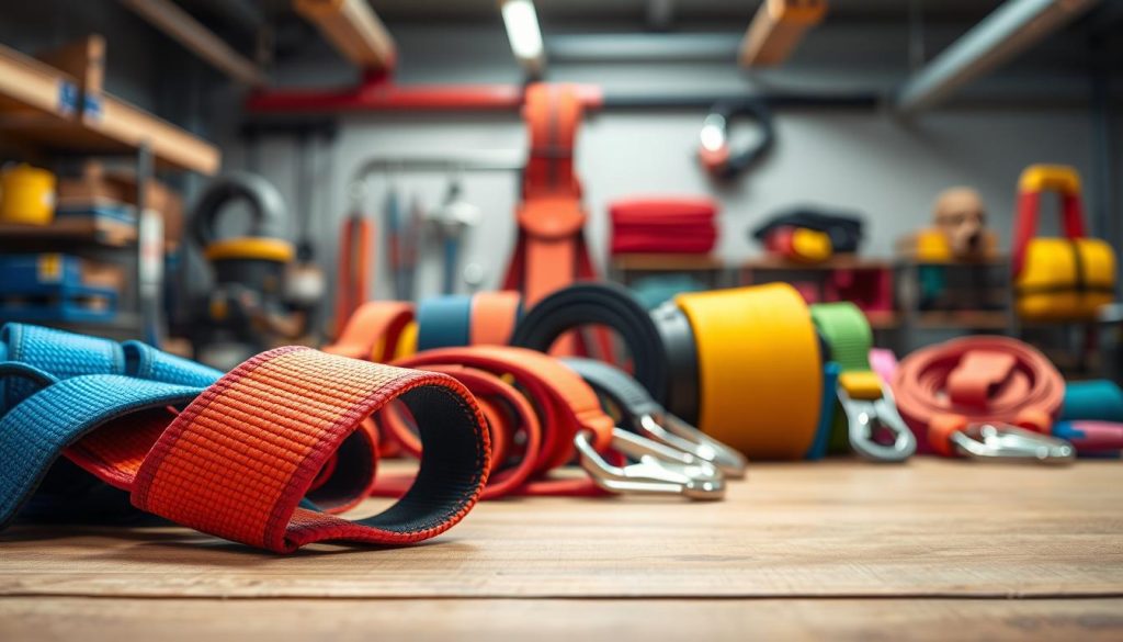A high-definition photorealistic image of a webbing sling prominently displayed in the foreground, showcasing its vibrant colors and textures. The sling should be elegantly arranged on a soft surface, perhaps a wooden table, to emphasize its quality. In the middle ground, display a variety of webbing slings of different sizes and colors, with a focus on professional-grade options, indicating they are for industrial use. The background is softly blurred to suggest a well-lit workshop environment with tools and safety equipment subtly visible, conveying a professional atmosphere. The lighting is bright but soft, highlighting the details of the slings while creating an inviting and credible mood, perfect for showcasing current pricing and deals. A high-definition photorealistic image of a webbing sling prominently displayed in the foreground, showcasing its vibrant colors and textures. The sling should be elegantly arranged on a soft surface, perhaps a wooden table, to emphasize its quality. In the middle ground, display a variety of webbing slings of different sizes and colors, with a focus on professional-grade options, indicating they are for industrial use. The background is softly blurred to suggest a well-lit workshop environment with tools and safety equipment subtly visible, conveying a professional atmosphere. The lighting is bright but soft, highlighting the details of the slings while creating an inviting and credible mood, perfect for showcasing current pricing and deals.