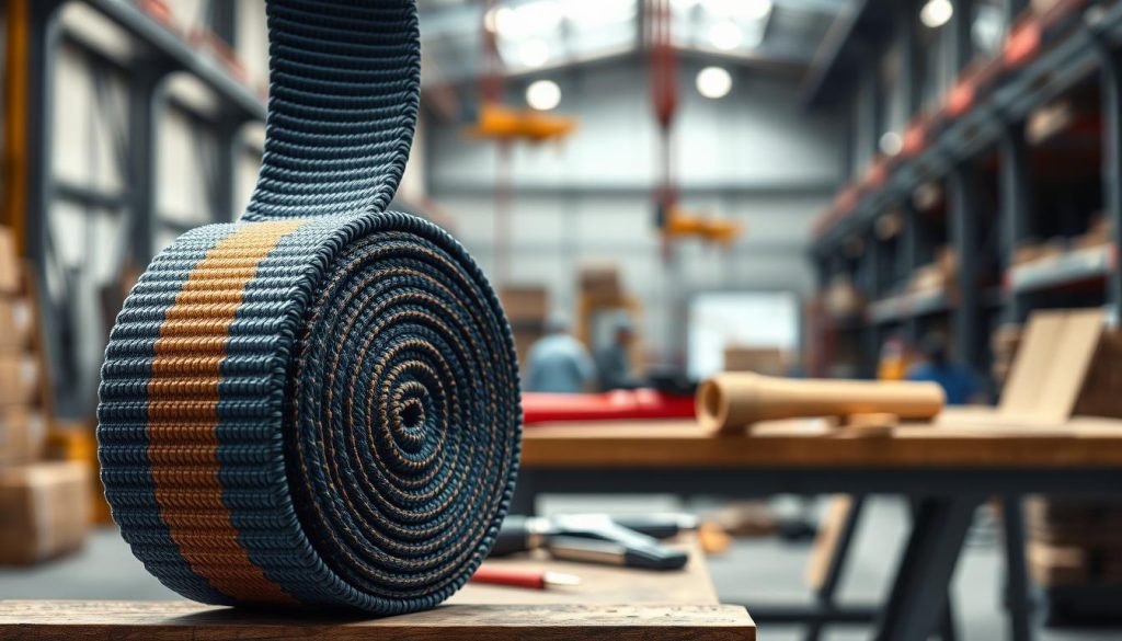 A high-definition, photorealistic image of a webbing sling, specifically the Secutex S2 model, prominently displayed in the foreground. The sling should be colorful, showcasing its robust weave and intricate stitching details, with an emphasis on its strength and durability. In the middle ground, include industrial tools and a workbench to suggest a construction or lifting environment. The background should feature a blurred warehouse setting with soft, diffused lighting to create a mood of professionalism and reliability. The angle should capture the webbing sling at a slight tilt to highlight its texture and design. The overall atmosphere should evoke safety and quality, suitable for showcasing this essential lifting equipment.