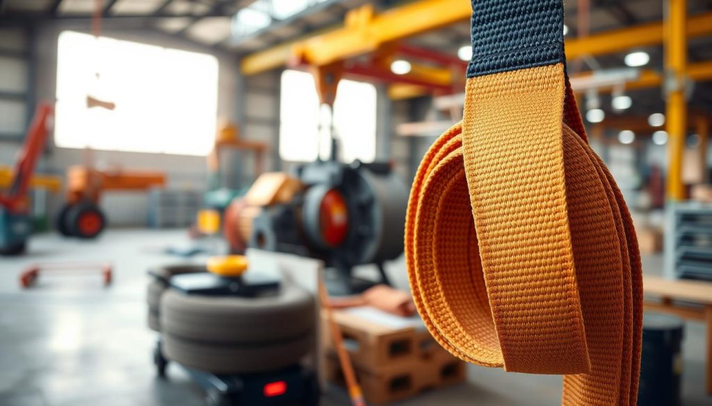 A high-definition, photorealistic image of a webbing sling vividly displayed in a professional environment. In the foreground, the webbing sling is prominently featured, showcasing its sturdy fabric and strong stitching, with a focus on texture and color details. The middle ground includes a soft-focus view of various lifting equipment that complement the sling, hinting at its usage in industrial applications. The background is softly blurred, suggesting a warehouse or a construction site with natural lighting illuminating the scene. This setting conveys a sense of reliability and strength, capturing the essence of the product's quality, durability, and safety features. The overall mood is professional and informative, drawing attention to the webbing sling as a critical tool for safety in lifting operations. A high-definition, photorealistic image of a webbing sling vividly displayed in a professional environment. In the foreground, the webbing sling is prominently featured, showcasing its sturdy fabric and strong stitching, with a focus on texture and color details. The middle ground includes a soft-focus view of various lifting equipment that complement the sling, hinting at its usage in industrial applications. The background is softly blurred, suggesting a warehouse or a construction site with natural lighting illuminating the scene. This setting conveys a sense of reliability and strength, capturing the essence of the product's quality, durability, and safety features. The overall mood is professional and informative, drawing attention to the webbing sling as a critical tool for safety in lifting operations.