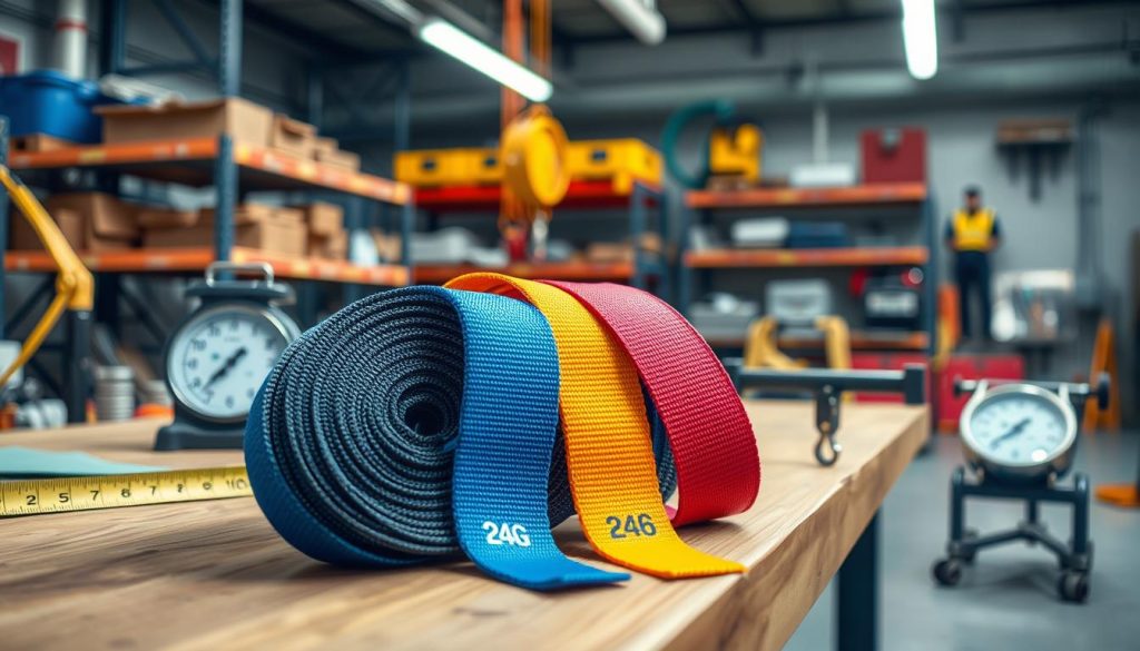 A high-definition, photorealistic image of a webbing sling with labels indicating its capacity in a workshop setting. In the foreground, focus on a durable, brightly colored webbing sling displaying various load capacities, draped over a wooden workbench. In the middle ground, include a measuring tape and weight scales, symbolizing precision and safety in load management. The background features industrial shelving with additional lifting equipment and tools, softly blurred to maintain focus on the sling. Bright, diffused lighting illuminates the scene, creating a clean, professional atmosphere. The overall mood should convey reliability and expertise in selecting the right sling for different load requirements, without any text or branding present. A high-definition, photorealistic image of a webbing sling with labels indicating its capacity in a workshop setting. In the foreground, focus on a durable, brightly colored webbing sling displaying various load capacities, draped over a wooden workbench. In the middle ground, include a measuring tape and weight scales, symbolizing precision and safety in load management. The background features industrial shelving with additional lifting equipment and tools, softly blurred to maintain focus on the sling. Bright, diffused lighting illuminates the scene, creating a clean, professional atmosphere. The overall mood should convey reliability and expertise in selecting the right sling for different load requirements, without any text or branding present.