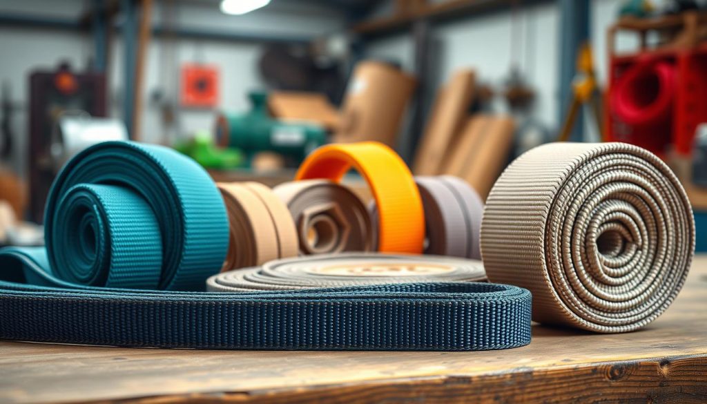 A high-definition photorealistic image of various webbing slings arranged artistically on a wooden workbench. In the foreground, showcase two types of webbing slings: one with a flat design and another with a round eye configuration, highlighting their texture and stitching details. In the middle, include additional webbing slings in differing widths and colors, neatly coiled and draped, to display their versatility. The background features a softly blurred industrial workshop setting, with tools and equipment subtly visible to give context. The lighting is natural, mimicking daylight, creating a warm yet professional atmosphere. Focus on clarity and detail to illustrate the quality and functionality of the webbing slings.