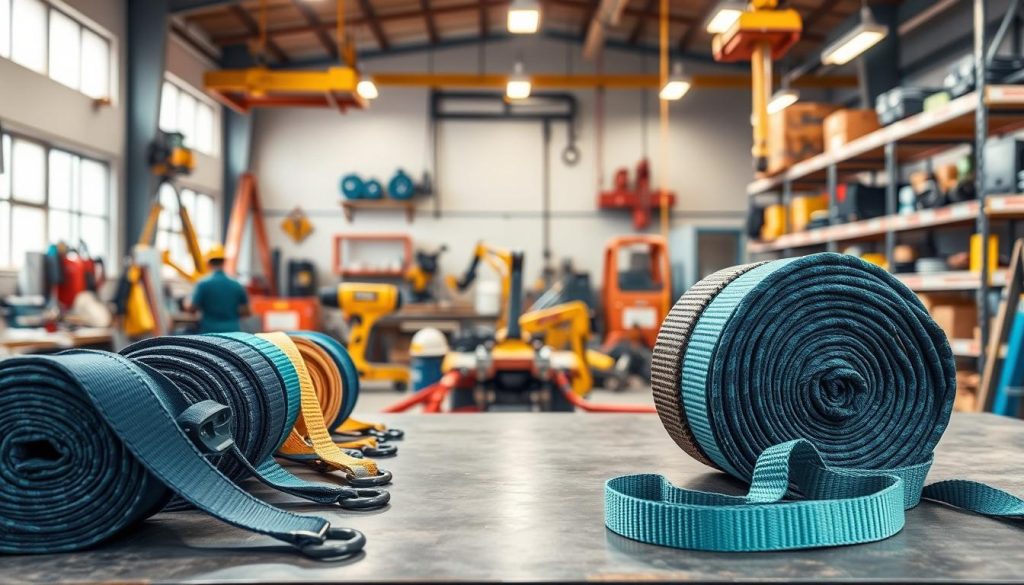A high-definition photorealistic image of various webbing slings displayed prominently in the foreground. The slings include different colors and capacities, neatly coiled and arranged on a sturdy industrial table. In the middle ground, there are tools and equipment commonly used in industries like construction and logistics, subtly hinting at their practical applications. The background features a bright, well-lit workshop environment, with shelves filled with other lifting equipment and safety gear. The lighting is warm and inviting, illuminating the textures of the webbing and casting soft shadows. The atmosphere is professional and focused, conveying the reliability and quality of the webbing slings available for diverse industries in Cirebon.