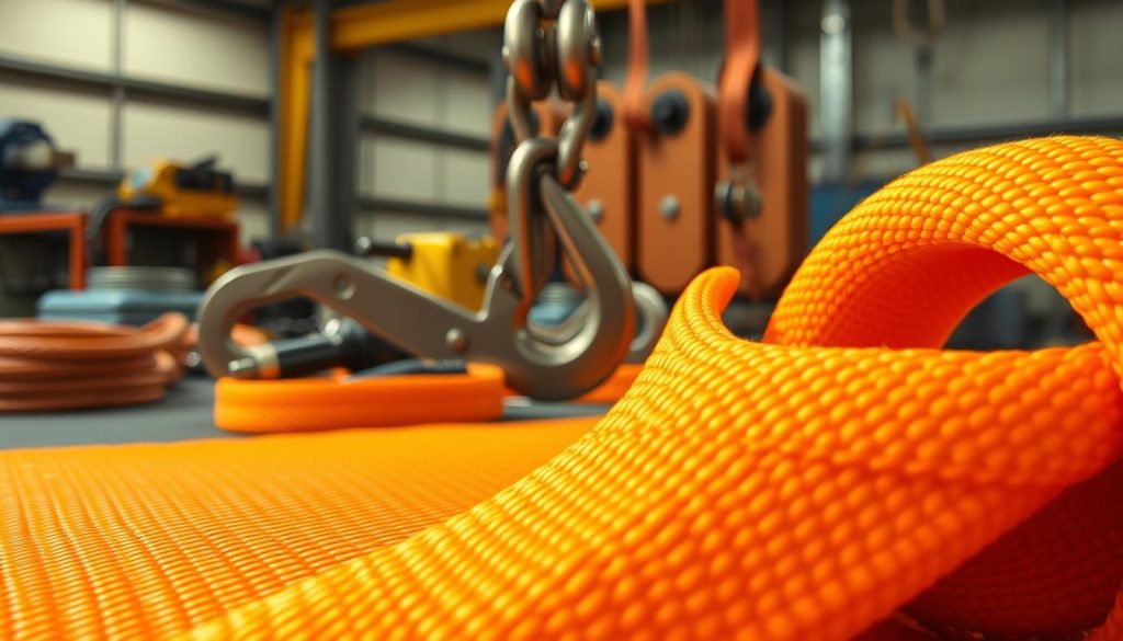 A high-definition, photorealistic image showcasing a close-up of a webbing sling, emphasizing its material texture and quality. The foreground features the sling prominently laid out, with visible stitching details and vibrant colors, perhaps in shades of bright orange or yellow. In the middle ground, include tools like a heavy-duty hook and a loading mechanism, suggesting an industrial context. The background should depict a workshop environment with soft, diffused lighting, highlighting the durability of the webbing sling. The overall atmosphere conveys professionalism and reliability, suitable for illustrating quality and material attributes in a product context. Ensure no text or watermarks are in the image. A high-definition, photorealistic image showcasing a close-up of a webbing sling, emphasizing its material texture and quality. The foreground features the sling prominently laid out, with visible stitching details and vibrant colors, perhaps in shades of bright orange or yellow. In the middle ground, include tools like a heavy-duty hook and a loading mechanism, suggesting an industrial context. The background should depict a workshop environment with soft, diffused lighting, highlighting the durability of the webbing sling. The overall atmosphere conveys professionalism and reliability, suitable for illustrating quality and material attributes in a product context. Ensure no text or watermarks are in the image.