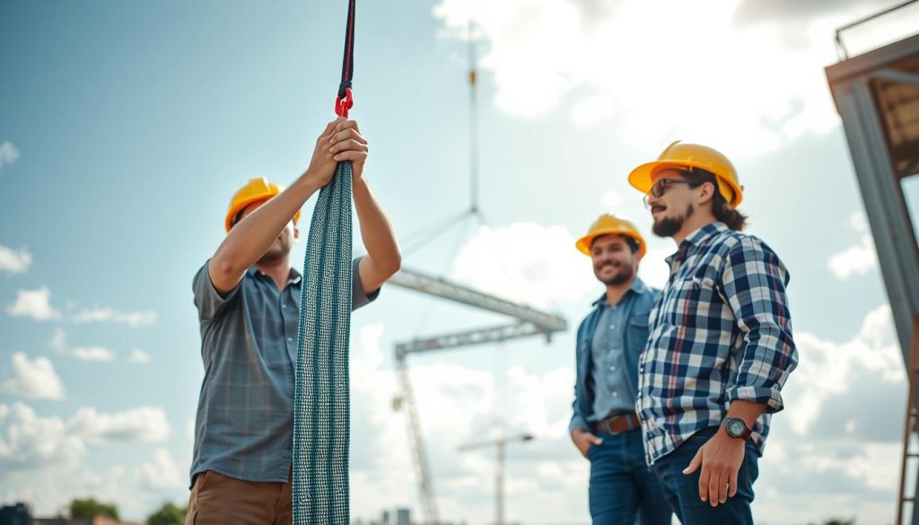 A high-definition, photorealistic image showcasing the application of webbing slings in an outdoor construction site. In the foreground, two professionals in modest casual clothing, one holding a webbing sling while demonstrating its use, and the other observing attentively. The middle ground features a strong, reinforced structure being lifted with the help of webbing slings, illustrating their functionality and versatility. In the background, a clear blue sky contrasted with scattered clouds, providing natural lighting that enhances the scene. A focus on the texture and vibrant colors of the webbing sling, emphasizing its durability. The overall mood is one of teamwork and safety, reflecting a productive work environment. A high-definition, photorealistic image showcasing the application of webbing slings in an outdoor construction site. In the foreground, two professionals in modest casual clothing, one holding a webbing sling while demonstrating its use, and the other observing attentively. The middle ground features a strong, reinforced structure being lifted with the help of webbing slings, illustrating their functionality and versatility. In the background, a clear blue sky contrasted with scattered clouds, providing natural lighting that enhances the scene. A focus on the texture and vibrant colors of the webbing sling, emphasizing its durability. The overall mood is one of teamwork and safety, reflecting a productive work environment.