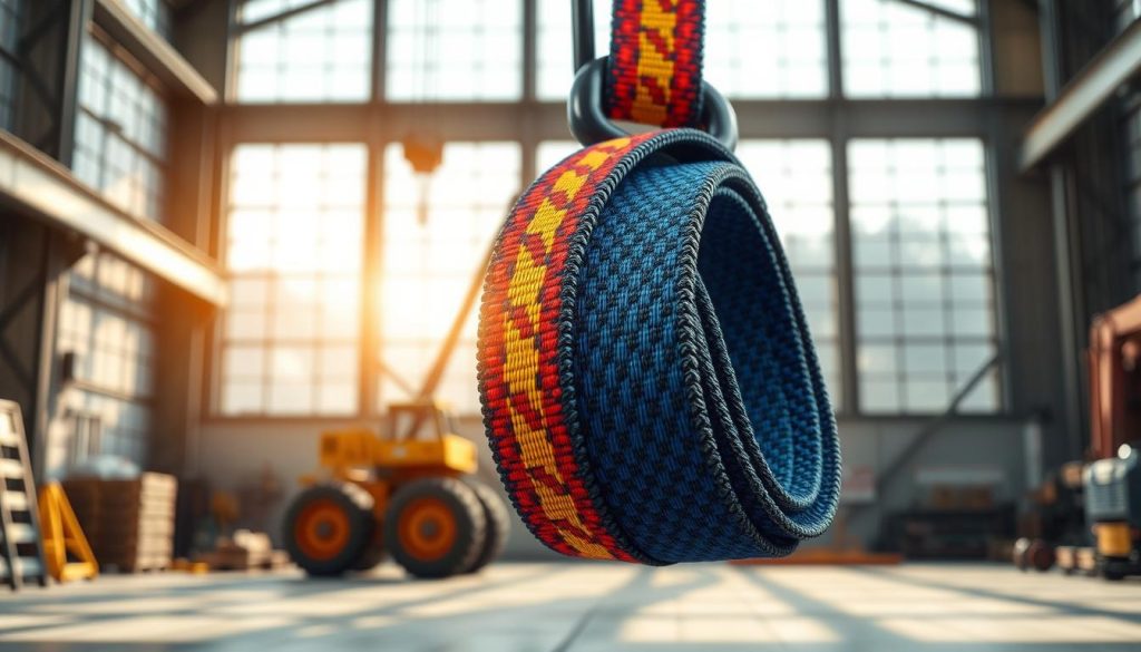 A highly detailed and photorealistic image of a webbing sling in action, prominently displayed in the foreground. The webbing sling should feature its signature woven texture, showcasing vibrant colors and a sturdy design, highlighting variations in material that illustrate strength and durability. In the middle ground, incorporate a lightweight lifting mechanism, such as a hoist or crane, demonstrating the sling's practical application in lifting heavy machinery. The background should be a well-lit industrial setting with soft, diffused natural light filtering in through large windows, casting gentle shadows. The overall atmosphere should convey a sense of reliability and professionalism, emphasizing the material's importance in safety and performance.