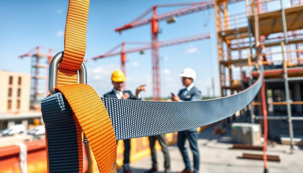 A highly detailed and photorealistic image of a webbing sling, prominently displayed in the foreground, showcasing its robust texture and vibrant colors. The sling should be depicted in use, secured to a solid industrial anchor point in a construction environment, emphasizing safety and reliability. In the middle ground, include a slight blur of workers dressed in professional business attire, inspecting the sling carefully to illustrate proper usage and safety measures. The background features a busy construction site with scaffolding and equipment under natural daylight, creating an atmosphere of diligence and professionalism. The composition should be captured at a slight low angle to enhance the focus on the webbing sling while ensuring the scene reflects a secure and responsible work environment. A highly detailed and photorealistic image of a webbing sling, prominently displayed in the foreground, showcasing its robust texture and vibrant colors. The sling should be depicted in use, secured to a solid industrial anchor point in a construction environment, emphasizing safety and reliability. In the middle ground, include a slight blur of workers dressed in professional business attire, inspecting the sling carefully to illustrate proper usage and safety measures. The background features a busy construction site with scaffolding and equipment under natural daylight, creating an atmosphere of diligence and professionalism. The composition should be captured at a slight low angle to enhance the focus on the webbing sling while ensuring the scene reflects a secure and responsible work environment.