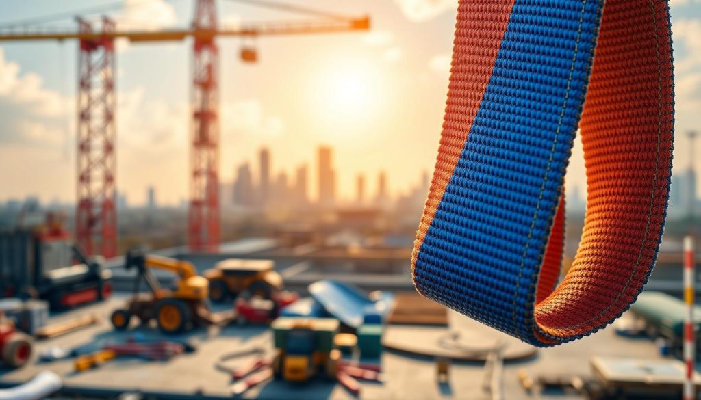 A highly detailed and photorealistic image of a webbing sling prominently displayed, showcasing its vibrant colors and sturdy design. The foreground features a close-up of the sling's fabric texture, highlighting its durability, with stitching details visible. In the middle ground, display a construction site setting with various tools and equipment, indicating its usage for project needs. The background includes a blurred view of Jakarta Selatan's skyline, under a bright, sunny sky that bathes the scene in warm, natural light, creating an energetic atmosphere. Use a slight downward angle to emphasize the sling's importance in operational tasks, suggesting a sense of readiness and professionalism. The overall mood should reflect an industrious environment, perfect for project and operational requirements.