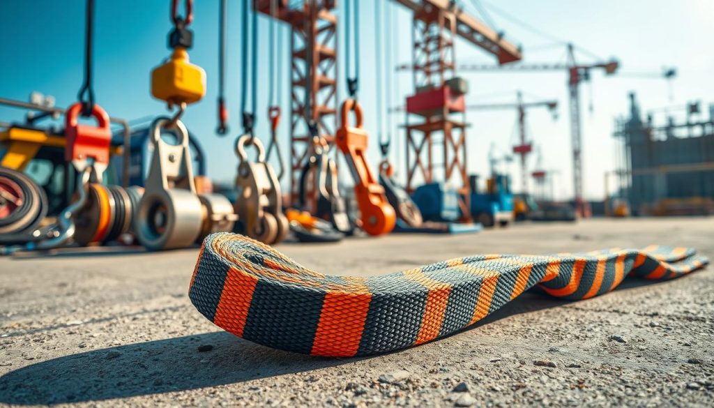 A highly detailed, photorealistic image of a heavy-duty webbing sling, prominently displayed in the foreground, showcasing its vibrant colors and texture. The sling should be depicted lying on a textured concrete surface, with highlighting that emphasizes its strength and durability. In the middle ground, display various lifting equipment such as hooks and pulleys, arranged to suggest an industrial setting. The background features an outdoor environment, with construction site elements like cranes and scaffolding, slightly blurred to convey distance. Bright, natural daylight illuminates the scene, creating a professional and active atmosphere, suggesting a focus on safety and standard usage. The image should capture the essence of reliability and quality in lifting equipment.
