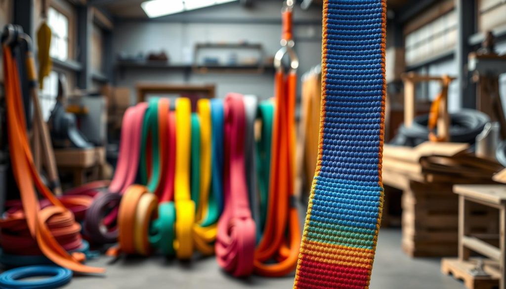 A highly detailed, photorealistic image of a material webbing sling showcased prominently in the foreground, with vibrant colors that highlight its texture and weave. The sling should be depicted in an industrial setting, with soft, natural lighting that casts gentle shadows to enhance its features. In the middle ground, include a blurred-out assortment of different webbing slings, emphasizing variety in material and shape, creating an impression of depth. The background can feature a simple workshop interior with tools and equipment, suggesting a professional context. The composition should be shot at a slight angle to provide depth, enhancing the visual appeal while maintaining a clean, informative focus on the webbing sling itself. A highly detailed, photorealistic image of a material webbing sling showcased prominently in the foreground, with vibrant colors that highlight its texture and weave. The sling should be depicted in an industrial setting, with soft, natural lighting that casts gentle shadows to enhance its features. In the middle ground, include a blurred-out assortment of different webbing slings, emphasizing variety in material and shape, creating an impression of depth. The background can feature a simple workshop interior with tools and equipment, suggesting a professional context. The composition should be shot at a slight angle to provide depth, enhancing the visual appeal while maintaining a clean, informative focus on the webbing sling itself.