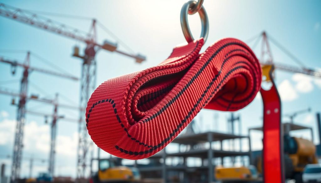 A highly detailed, photorealistic image of a webbing sling displayed prominently in the foreground, showcasing its robust construction and vibrant colors. The sling should be draped elegantly over a sturdy metal hook, emphasizing its strength and capacity. In the middle ground, include a blurred industrial setting such as a construction site with cranes and heavy machinery, hinting at the sling's practical applications. The background should feature a clear blue sky with soft, diffused sunlight illuminating the scene, enhancing the overall perception of durability and reliability. Capture the image from a slightly low angle to emphasize the sling's dimensions, creating a sense of importance. The mood should be professional yet inviting, suitable for instructional or informational purposes. Ensure no text, logos, or watermarks are present.