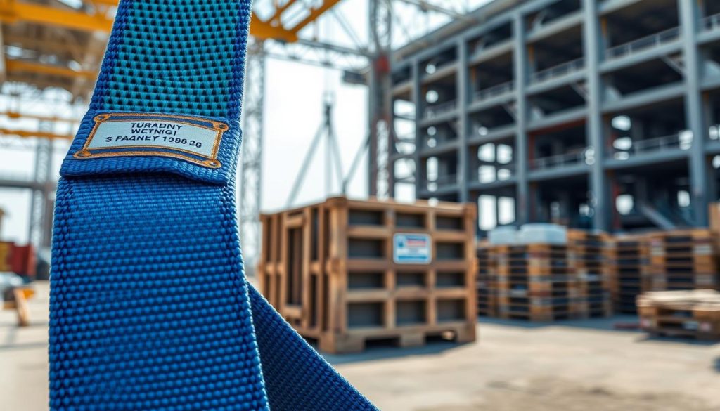A highly detailed, photorealistic image of a webbing sling displayed prominently in the foreground, showcasing its vibrant colors and texture. The sling should be slightly coiled to highlight its flexibility and strength, with close-up features capturing the durable stitching and label. In the middle ground, a well-maintained load, such as a heavy crate or machinery, is gently cradled by the sling, demonstrating its function in protecting the surface from damage. The background features a softly blurred construction site, casting occasional daylight that enhances the materials' textures. The overall mood conveys reliability and safety, suitable for industrial use, while maintaining a professional atmosphere. The image should have a clear focus, with a wide-angle lens capturing the entire scene, highlighting the importance and functionality of the webbing sling.