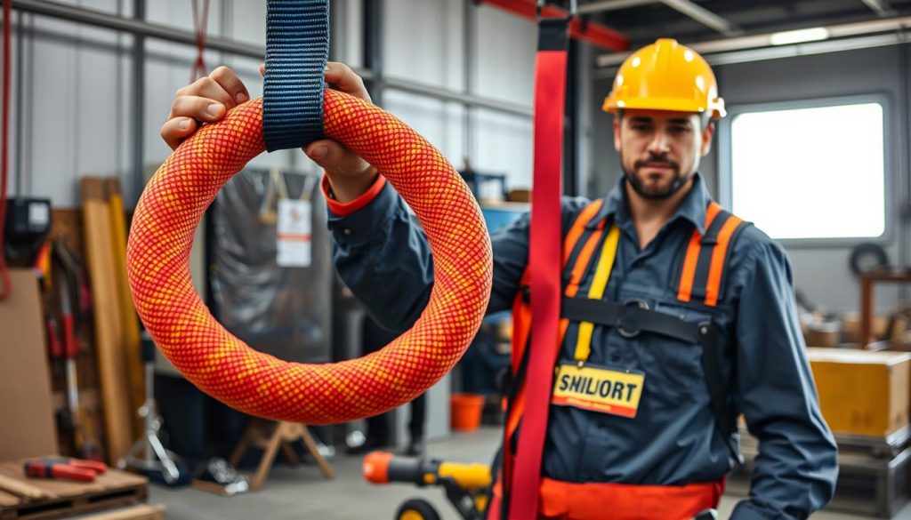 A photorealistic depiction of a webbing sling being safely used for lifting in a construction environment. In the foreground, focus on a high-quality, colorful webbing sling looping around a heavy load, displaying its texture and strength. In the middle ground, capture an engaged worker in professional attire, demonstrating proper lifting techniques, ensuring safety and precision in the lift. The worker's expression exudes concentration and confidence. The background features a well-lit construction site with tools and machinery arranged methodically, emphasizing a workplace atmosphere. Use bright, clear lighting to enhance the details of the webbing sling and the safety equipment. The image should convey diligence, expertise, and the importance of safe lifting practices. A photorealistic depiction of a webbing sling being safely used for lifting in a construction environment. In the foreground, focus on a high-quality, colorful webbing sling looping around a heavy load, displaying its texture and strength. In the middle ground, capture an engaged worker in professional attire, demonstrating proper lifting techniques, ensuring safety and precision in the lift. The worker's expression exudes concentration and confidence. The background features a well-lit construction site with tools and machinery arranged methodically, emphasizing a workplace atmosphere. Use bright, clear lighting to enhance the details of the webbing sling and the safety equipment. The image should convey diligence, expertise, and the importance of safe lifting practices.