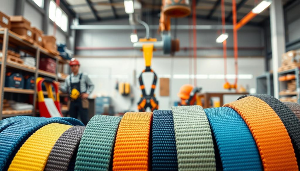 A photorealistic depiction of various webbing slings showcased prominently in the foreground, featuring different colors and widths, all neatly arranged. The slings should display their distinctive woven texture and sturdy construction, emphasizing their versatility for lifting and securing loads. In the middle ground, include a workspace setting with tools and harnesses to convey an industrial theme. The background can feature a soft-focus warehouse or store environment, hinting at a location in Jakarta Barat. The lighting should be bright and natural, creating an inviting atmosphere, while the lens angle captures the slings from a slightly low perspective, adding a sense of prominence. The overall mood is professional and informative, aimed at showcasing quality and reliability. A photorealistic depiction of various webbing slings showcased prominently in the foreground, featuring different colors and widths, all neatly arranged. The slings should display their distinctive woven texture and sturdy construction, emphasizing their versatility for lifting and securing loads. In the middle ground, include a workspace setting with tools and harnesses to convey an industrial theme. The background can feature a soft-focus warehouse or store environment, hinting at a location in Jakarta Barat. The lighting should be bright and natural, creating an inviting atmosphere, while the lens angle captures the slings from a slightly low perspective, adding a sense of prominence. The overall mood is professional and informative, aimed at showcasing quality and reliability.