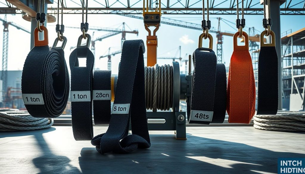 A photorealistic depiction of webbing slings with varying capacities, displayed prominently in the foreground. Include slings labeled with weights from 1 ton to 48 tons, arranged neatly in a well-lit industrial setting. The middle ground features a sturdy winch system, showcasing the practical applications of the slings. In the background, a construction site can be subtly indicated, with cranes and building structures, hinting at heavy lifting operations. Soft natural lighting casts dynamic shadows, creating a sense of depth and realism. Capture the image from a slightly elevated angle to emphasize the range of slings while maintaining focus on their quality and strength. The overall mood is professional and informative, ideal for illustrating heavy lifting equipment. No text or watermarks present in the image.