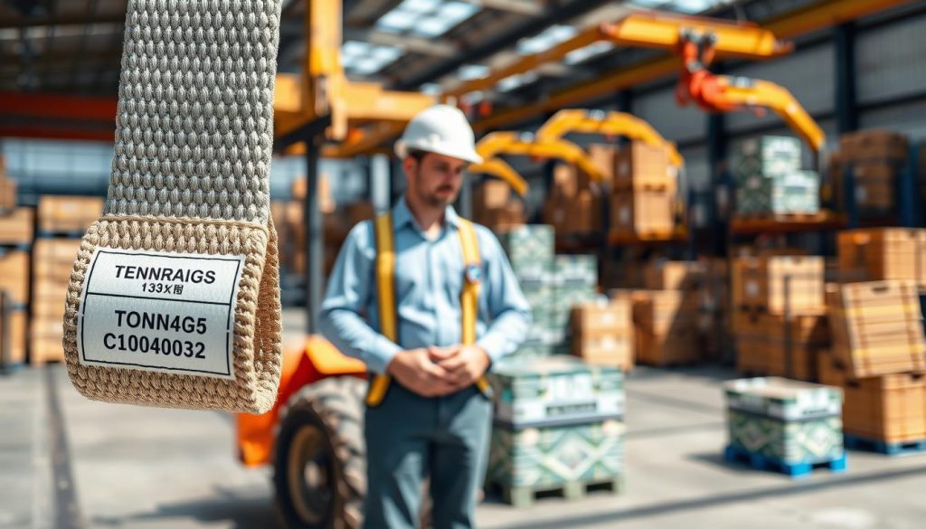 A photorealistic image depicting a webbing sling designed for lifting, showcasing various capacities. In the foreground, a close-up of the webbing sling is highlighted, displaying its texture and durability with a clear label indicating tonnage capacity. The middle ground features a construction worker in professional attire, examining the sling while standing next to heavy machinery. The background includes a warehouse setting filled with crates and lifting equipment, enhancing the industrial atmosphere. The lighting is bright and natural, simulating a clear day, with soft shadows to add depth. The overall mood is informative and professional, perfect for conveying the importance of choosing the right tonnage capacity for lifting applications. A photorealistic image depicting a webbing sling designed for lifting, showcasing various capacities. In the foreground, a close-up of the webbing sling is highlighted, displaying its texture and durability with a clear label indicating tonnage capacity. The middle ground features a construction worker in professional attire, examining the sling while standing next to heavy machinery. The background includes a warehouse setting filled with crates and lifting equipment, enhancing the industrial atmosphere. The lighting is bright and natural, simulating a clear day, with soft shadows to add depth. The overall mood is informative and professional, perfect for conveying the importance of choosing the right tonnage capacity for lifting applications.