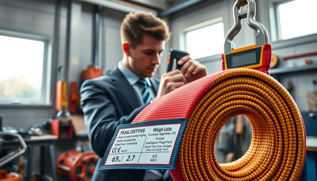A photorealistic image focused on a webbing sling being tested for load capacity. In the foreground, a robust, colorful webbing sling with clear, bold labels showing its specifications, like weight limits and material details. In the middle ground, a professional wearing business attire inspects the sling with a measuring tool, showcasing attention to detail. The background features a well-lit workshop with tools and machinery, emphasizing a technical environment. Soft, natural lighting streams in from a nearby window, casting clear shadows that define the objects. The atmosphere conveys a sense of professionalism and accuracy, ideal for an article focused on technical specifications. A photorealistic image focused on a webbing sling being tested for load capacity. In the foreground, a robust, colorful webbing sling with clear, bold labels showing its specifications, like weight limits and material details. In the middle ground, a professional wearing business attire inspects the sling with a measuring tool, showcasing attention to detail. The background features a well-lit workshop with tools and machinery, emphasizing a technical environment. Soft, natural lighting streams in from a nearby window, casting clear shadows that define the objects. The atmosphere conveys a sense of professionalism and accuracy, ideal for an article focused on technical specifications.