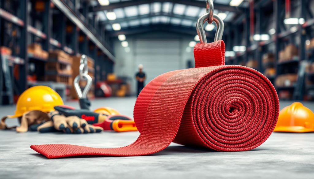 A photorealistic image of a 3-ton polyester webbing sling, showcased prominently in the foreground. The sling should be vividly colored, displaying its durable texture and detailed stitching. Place the webbing sling neatly coiled with one end draped over a sturdy hook to emphasize its strength, while maintaining clarity on the load capacity markings. In the middle ground, include industrial tools and safety equipment, like gloves and hard hats, to suggest a professional environment. The background should feature a softly blurred warehouse setting with ambient lighting that highlights the texture of the sling and creates a practical, work-focused mood. Use a slight overhead angle to capture the sling's features effectively while ensuring the scene appears clean and organized.