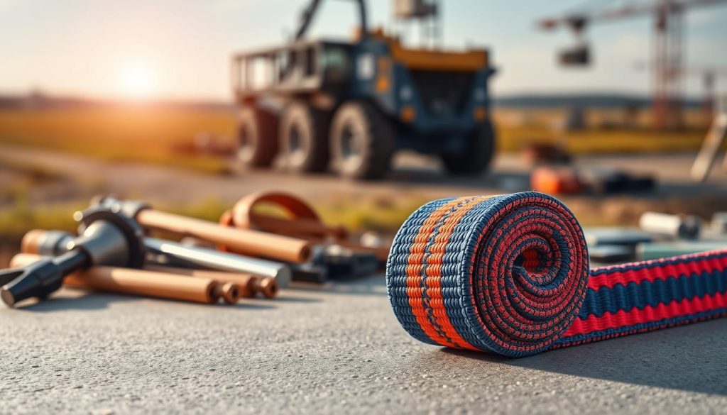 A photorealistic image of a durable, high-strength material webbing sling, prominently displayed in the foreground on a clean, textured surface. The sling showcases vibrant colors, intricate weaving patterns, and reinforced stitching details that highlight its strength and reliability. In the middle ground, a professional setting includes tools and equipment typically found in industrial or outdoor environments, suggesting practical usage. The background features a blurred landscape of a construction site or field, with soft sunlight filtering through, creating a warm and inviting atmosphere. The composition should be taken from a slightly elevated angle to capture the depth and quality of the webbing sling, while emphasizing its functionality and durability under realistic lighting conditions. A photorealistic image of a durable, high-strength material webbing sling, prominently displayed in the foreground on a clean, textured surface. The sling showcases vibrant colors, intricate weaving patterns, and reinforced stitching details that highlight its strength and reliability. In the middle ground, a professional setting includes tools and equipment typically found in industrial or outdoor environments, suggesting practical usage. The background features a blurred landscape of a construction site or field, with soft sunlight filtering through, creating a warm and inviting atmosphere. The composition should be taken from a slightly elevated angle to capture the depth and quality of the webbing sling, while emphasizing its functionality and durability under realistic lighting conditions.