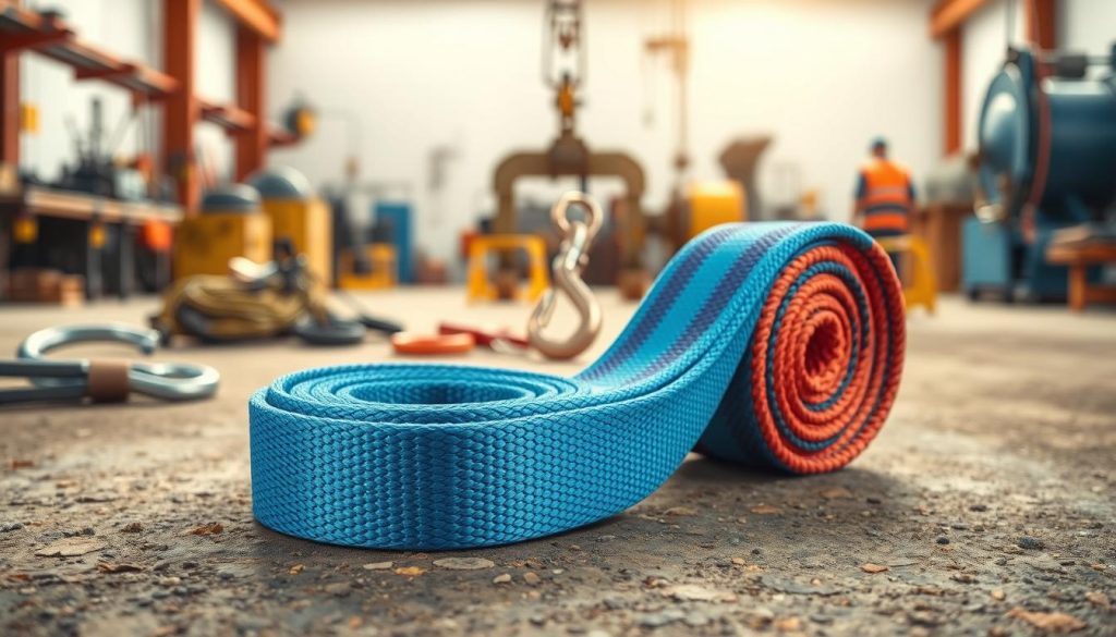 A photorealistic image of a durable webbing sling displayed prominently in the foreground, showcasing intricate weaving patterns and strong stitching. The sling should be depicted with vibrant colors, demonstrating its strength and flexibility, placed on a textured surface that suggests a rugged environment, such as a workshop floor or industrial setting. In the middle ground, include subtle tools like a hook or winch to imply its application in heavy lifting. The background should be softly blurred, featuring industrial machinery or safety equipment to contextualize its use. Natural lighting should highlight the texture of the sling, casting soft shadows for depth. The overall atmosphere conveys professionalism and reliability, suitable for showcasing product specifications. A photorealistic image of a durable webbing sling displayed prominently in the foreground, showcasing intricate weaving patterns and strong stitching. The sling should be depicted with vibrant colors, demonstrating its strength and flexibility, placed on a textured surface that suggests a rugged environment, such as a workshop floor or industrial setting. In the middle ground, include subtle tools like a hook or winch to imply its application in heavy lifting. The background should be softly blurred, featuring industrial machinery or safety equipment to contextualize its use. Natural lighting should highlight the texture of the sling, casting soft shadows for depth. The overall atmosphere conveys professionalism and reliability, suitable for showcasing product specifications.