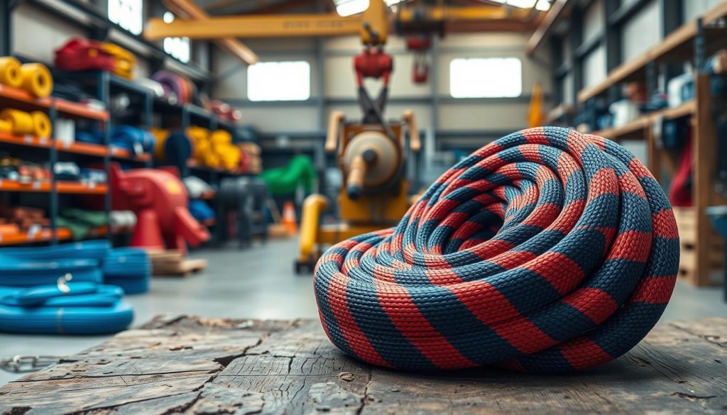 A photorealistic image of a heavy-duty webbing sling displayed prominently in the foreground, showcasing its vibrant colors and intricate texture. The sling is coiled and positioned on a rugged wooden surface, emphasizing its strength and durability. In the middle ground, a well-equipped workshop is visible with shelves organized with various slings and safety equipment, reinforcing a professional atmosphere. The background features soft-focus industrial machinery, enhancing the context of heavy lifting and load-bearing. Natural lighting filters through high windows, casting realistic shadows and highlights on the webbing. The overall mood is functional and focused, suggesting quality and reliability essential for heavy-duty tasks. A photorealistic image of a heavy-duty webbing sling displayed prominently in the foreground, showcasing its vibrant colors and intricate texture. The sling is coiled and positioned on a rugged wooden surface, emphasizing its strength and durability. In the middle ground, a well-equipped workshop is visible with shelves organized with various slings and safety equipment, reinforcing a professional atmosphere. The background features soft-focus industrial machinery, enhancing the context of heavy lifting and load-bearing. Natural lighting filters through high windows, casting realistic shadows and highlights on the webbing. The overall mood is functional and focused, suggesting quality and reliability essential for heavy-duty tasks.