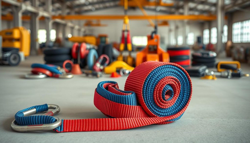 A photorealistic image of a high-quality webbing sling displayed prominently in the foreground, showcasing its vibrant colors and sturdy texture. The sling is laid out against a clean, neutral backdrop that emphasizes its details, like the stitching and hardware. In the middle ground, include an assortment of related gear, such as carabiners and lifting equipment, arranged neatly to illustrate the context of lifting and securing. The background features a soft-focused industrial setting to suggest a market in Pangkalpinang, with hints of machinery or equipment visible. Natural lighting enhances the colors and textures, providing a realistic appearance. The overall mood is professional and informative, suitable for illustrating pricing factors in a commercial context. A photorealistic image of a high-quality webbing sling displayed prominently in the foreground, showcasing its vibrant colors and sturdy texture. The sling is laid out against a clean, neutral backdrop that emphasizes its details, like the stitching and hardware. In the middle ground, include an assortment of related gear, such as carabiners and lifting equipment, arranged neatly to illustrate the context of lifting and securing. The background features a soft-focused industrial setting to suggest a market in Pangkalpinang, with hints of machinery or equipment visible. Natural lighting enhances the colors and textures, providing a realistic appearance. The overall mood is professional and informative, suitable for illustrating pricing factors in a commercial context.